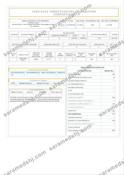 INDIA TAMILNADU business utility bill Word and PDF template